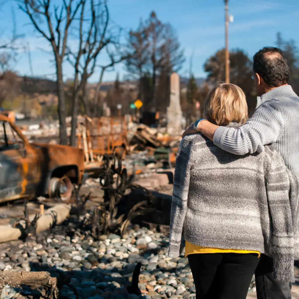 A man and a woman embrace, facing away, in front of the ruins
