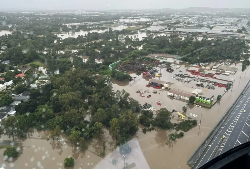 An aerial view of a city being flooded